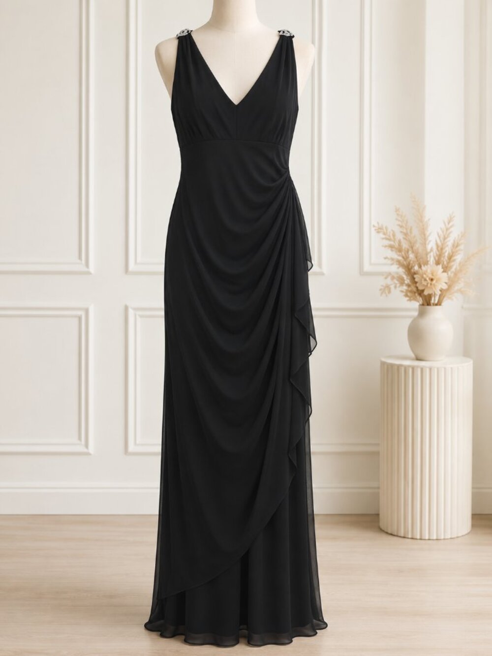 Alex Evenings Black Chiffon Ruched Formal Gown Rhinestone Size 14